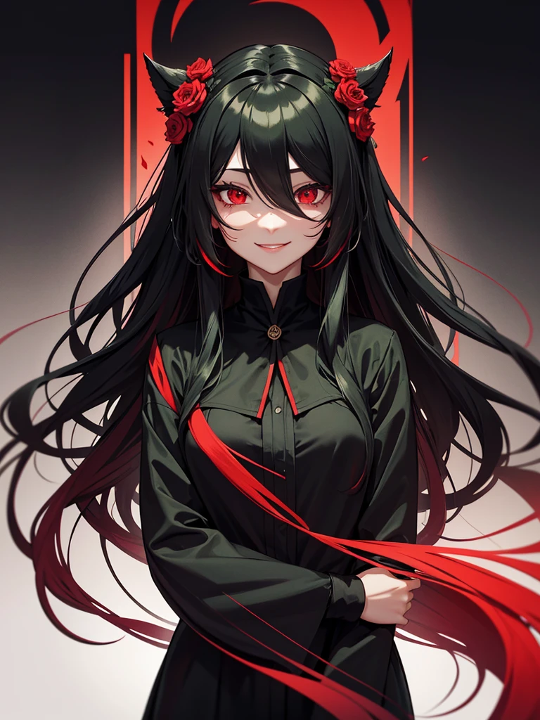 Black long hair red eyes black fox ears black fox tail wearing black and red dress