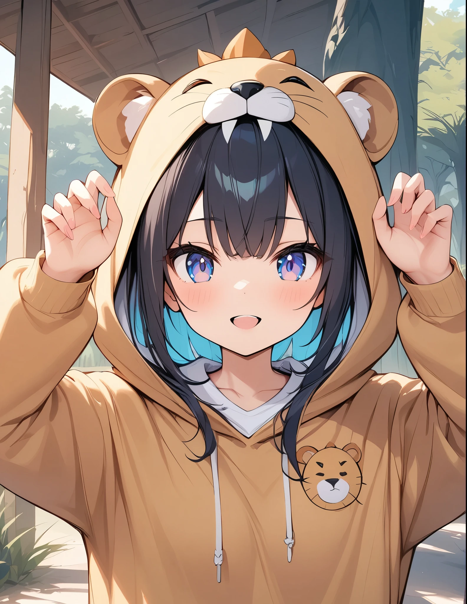 ((Amazingly absurd)),超High resolution, Attention to detail, high quality, High resolution, 最high quality, 4K, 8k, Lion Girl、cute、Beast Pose、tooth、Savannah background、((Lion costume))、cute、ライオンのぬいぐるみを抱っこする