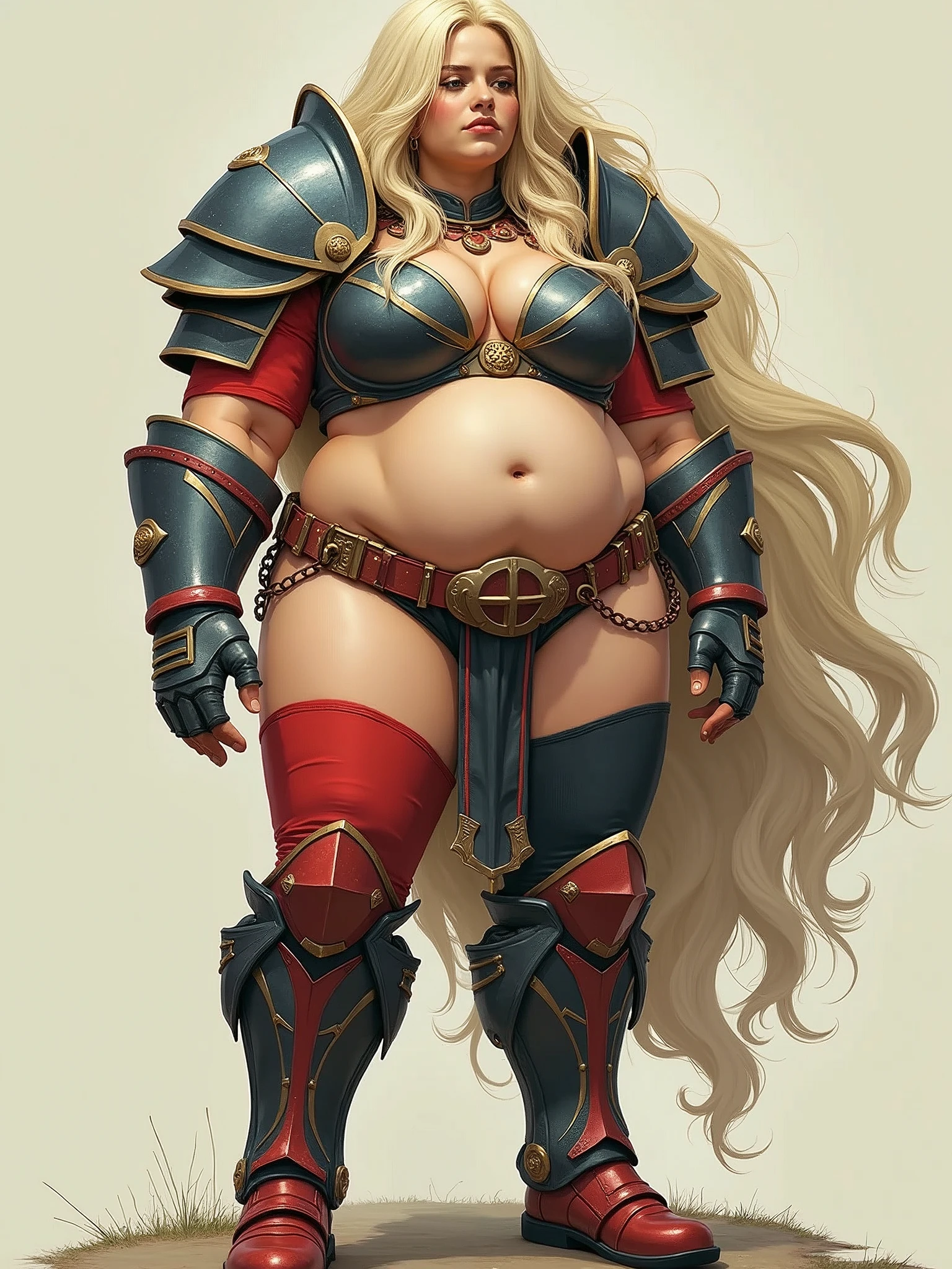 attire, Very long blonde hair fit Woman wearing armor cammy cosplay, Womanly, impossibly small tiny waist abs waistline, circumference of lower extremities far exceeds 80 inches hips, she has massively immense hip measurements, with the worlds largest buttocks, location random, intense detail, bold leggings, hyper realistic, A bottom-heavy, superior body part, voluptuous lower body, feminine figure, portraits, Reductionist form, mujercore, bold lines, in the style of Mike Campau, Iris Van Herpen, Howard Schatz, Russian-Western, an Inferior Physical Goddess