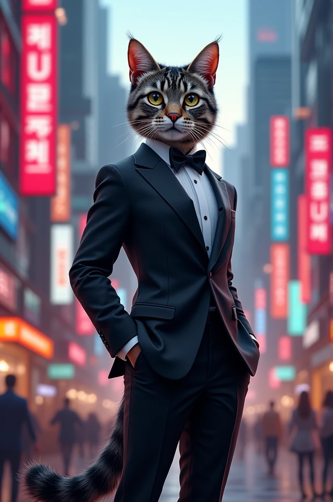 "A handsome cat with a South Korean vibe, dressed in a tuxedo, standing in a modern urban cityscape. The background features a bustling city with tall buildings and bright lights. The cat is shown in full-body, looking stylish and confident."