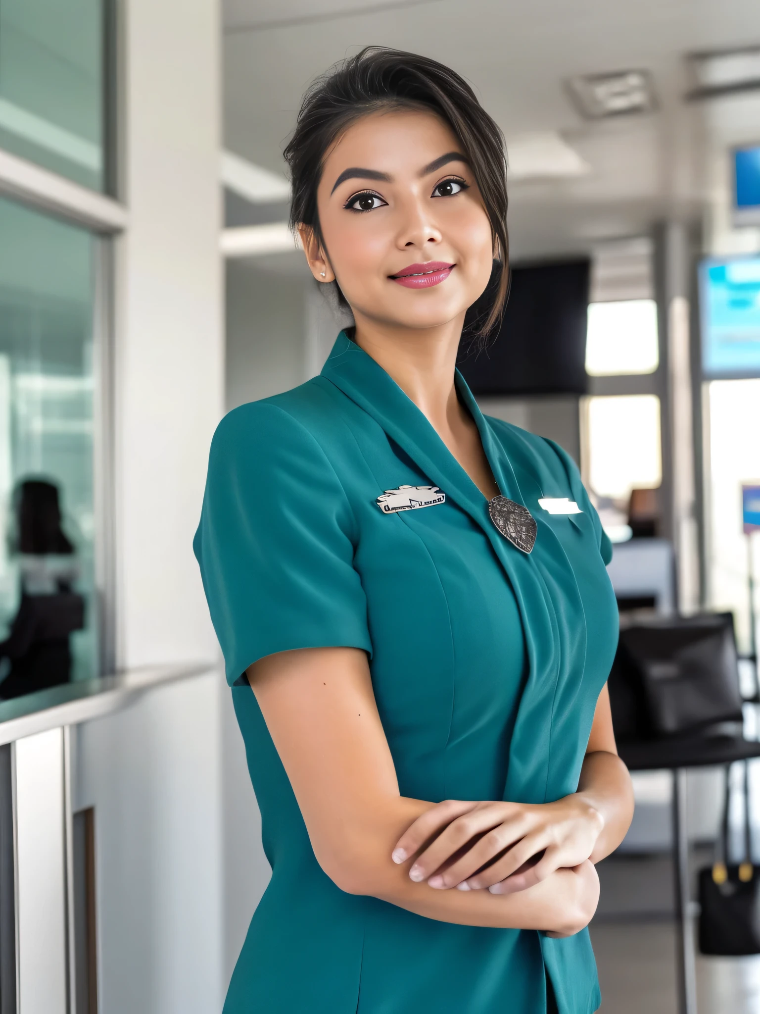 1girl, solo, 19 years old, in the middle of a large airport, seductive pose, thick medium breasts, semi-curvy body, smooth realistic skin, cute little smirk, wearing flight attendant uniform, looking at the audience, (zoom-out:1.4), (8k, RAW photo, best quality, masterpiece: 1.4), (realistic, realistic: 1.37), ultra-high resolution, cowboy shot