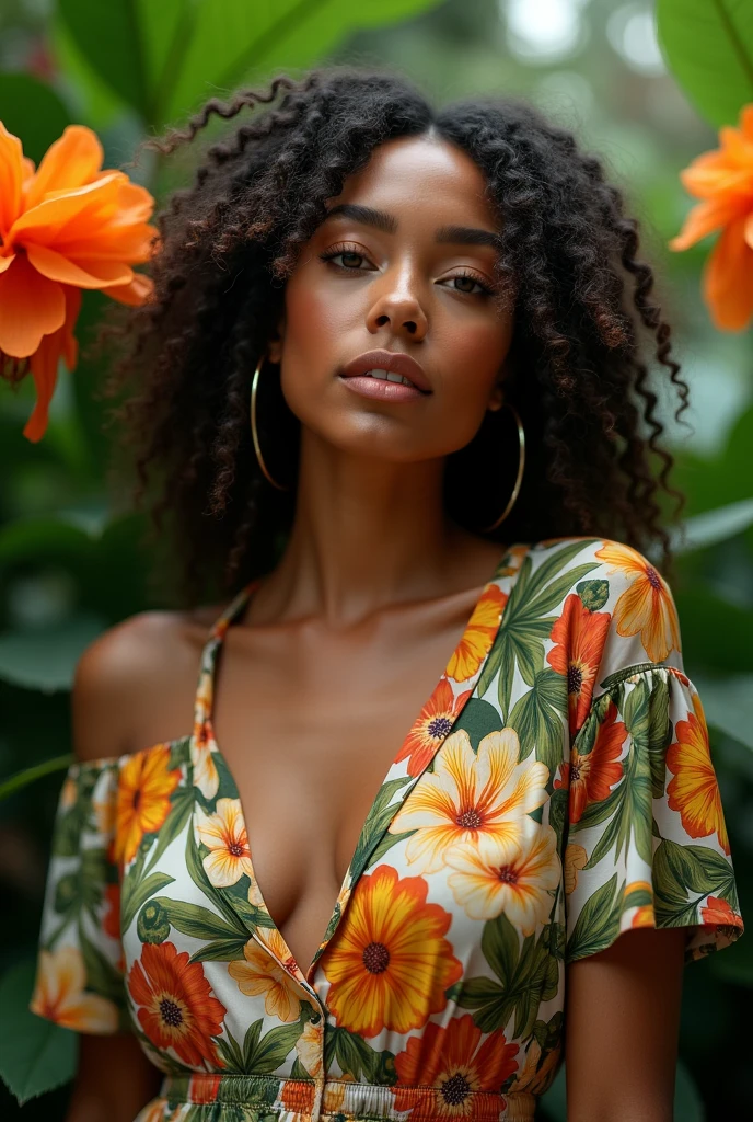 A Brazilian woman in a lush tropical garden, wearing an open shirt with a floral print, with a close-up capturing the harmonious beauty between her breasts and the natural flowers, showing off your natural charm and outgoing personality.