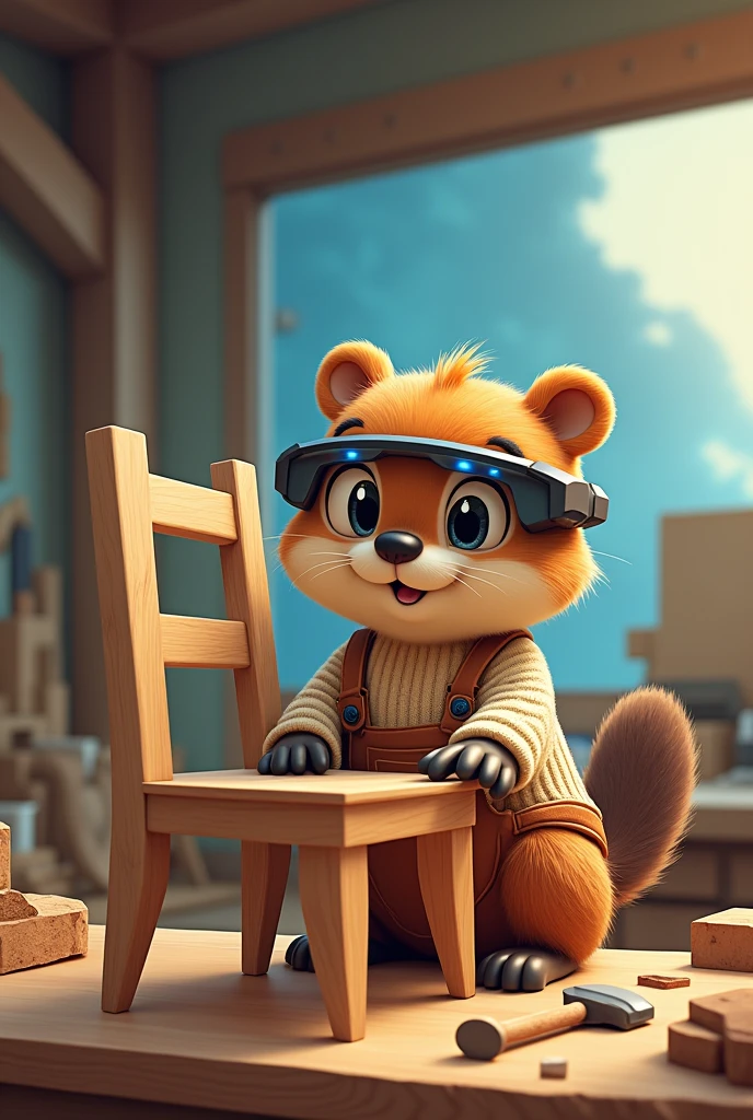Cute female beaver workshop siting wood chair futuristic google glass sawing hammer