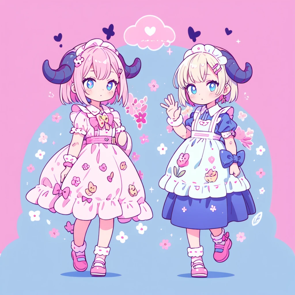 masterpiece, best quality, ultra detailed, beautiful shading, cinematic ligthing, studio lights, cute, kawaii, big eyes, flower pattern on pupil, shaped pupil , cute polka dot pattern on bows, plaid, light pink colored hair,Powder-blue pupils,Wear pink and blue maid outfits,Sweet girl with pure white,full body, full shot, horns, little devil, wow, retro, hairclips, decora, a lot of accessories