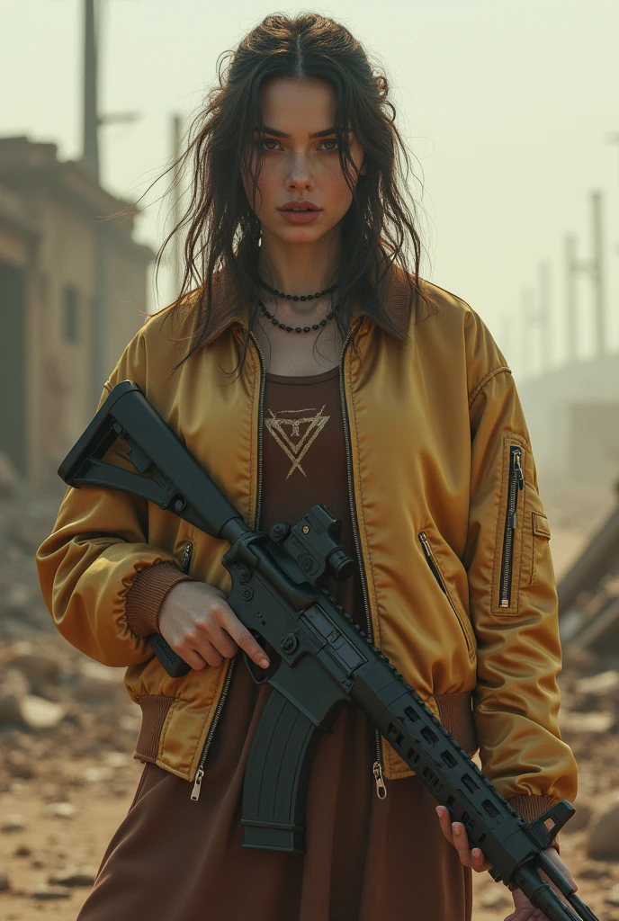 living room background, wasteland,, fragments, soft feminine satin bomber jacket,  woman holding rifle，fighting stance，almost perfect, pure form, intricate details, 8K post-production, high resolution, super detailed, Popular topics on Artstation, sharp focus, Studio photos, intricate details, Very detailed, author：Greg Rutkowsky