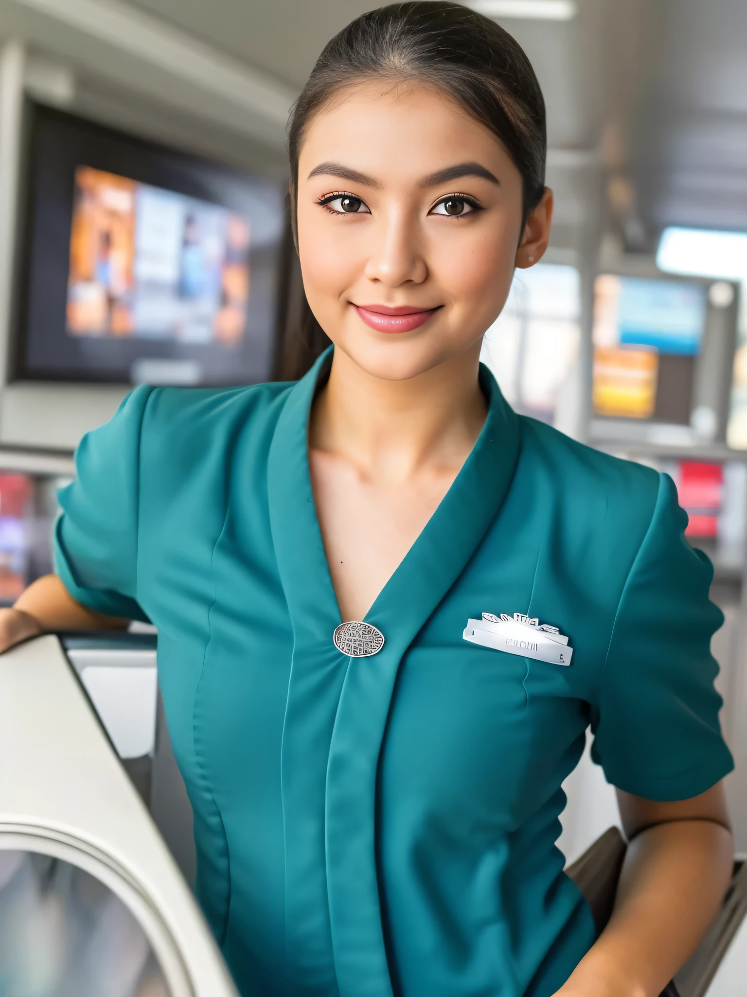 1girl, solo, 19 years old, in the middle of a large airport, seductive pose, thick medium breasts, semi-curvy body, smooth realistic skin, cute little smirk, wearing flight attendant uniform, looking at the audience, (zoom-out:1.4), (8k, RAW photo, best quality, masterpiece: 1.4), (realistic, realistic: 1.37), ultra-high resolution, cowboy shot