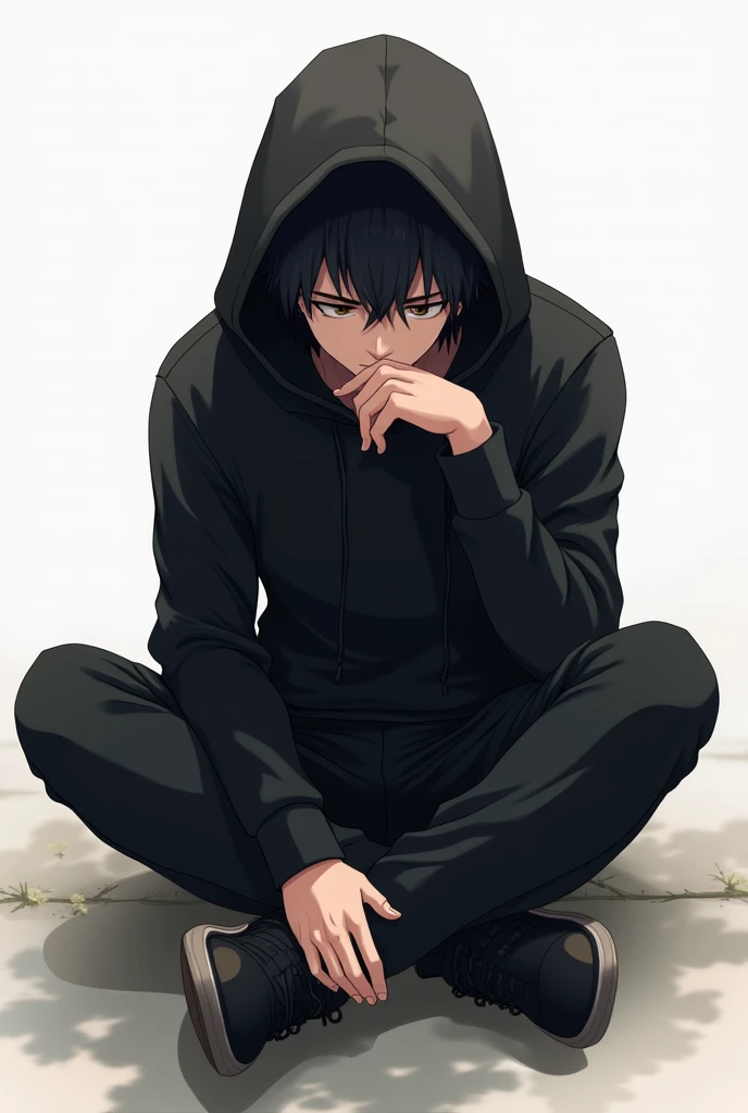 A anime
man sit and weard a black hudi