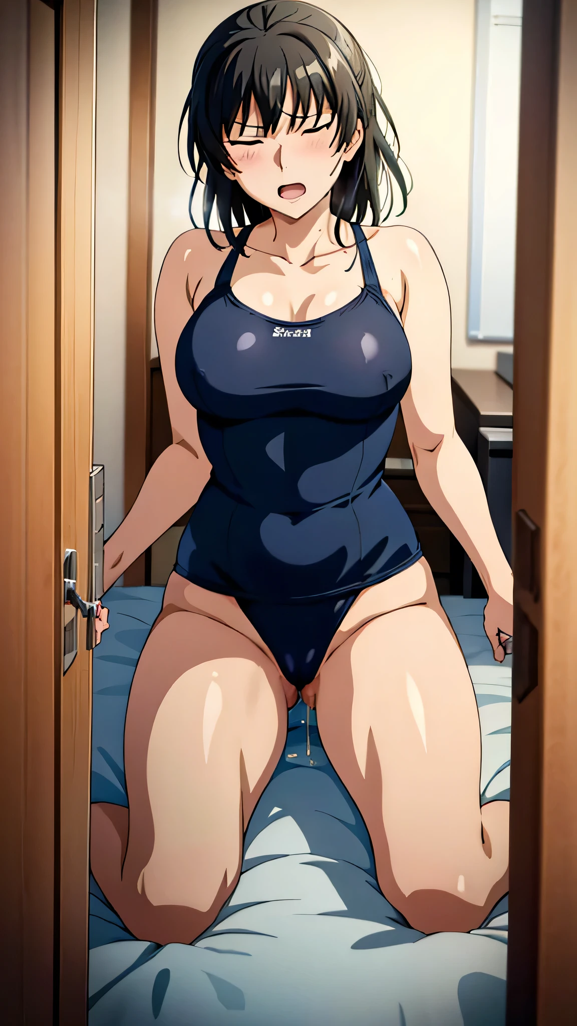 nsfw,Amagami official art,1Girl,masterpiece,Write neatly,Beautiful adult woman,Hibiki Tsukahara,Iris,Embarrassed expression,Close ~ eyes,Open your mouth,One-piece school swimsuit,(pee from vagina),sit,First-person view,Peeing with force,bedroom