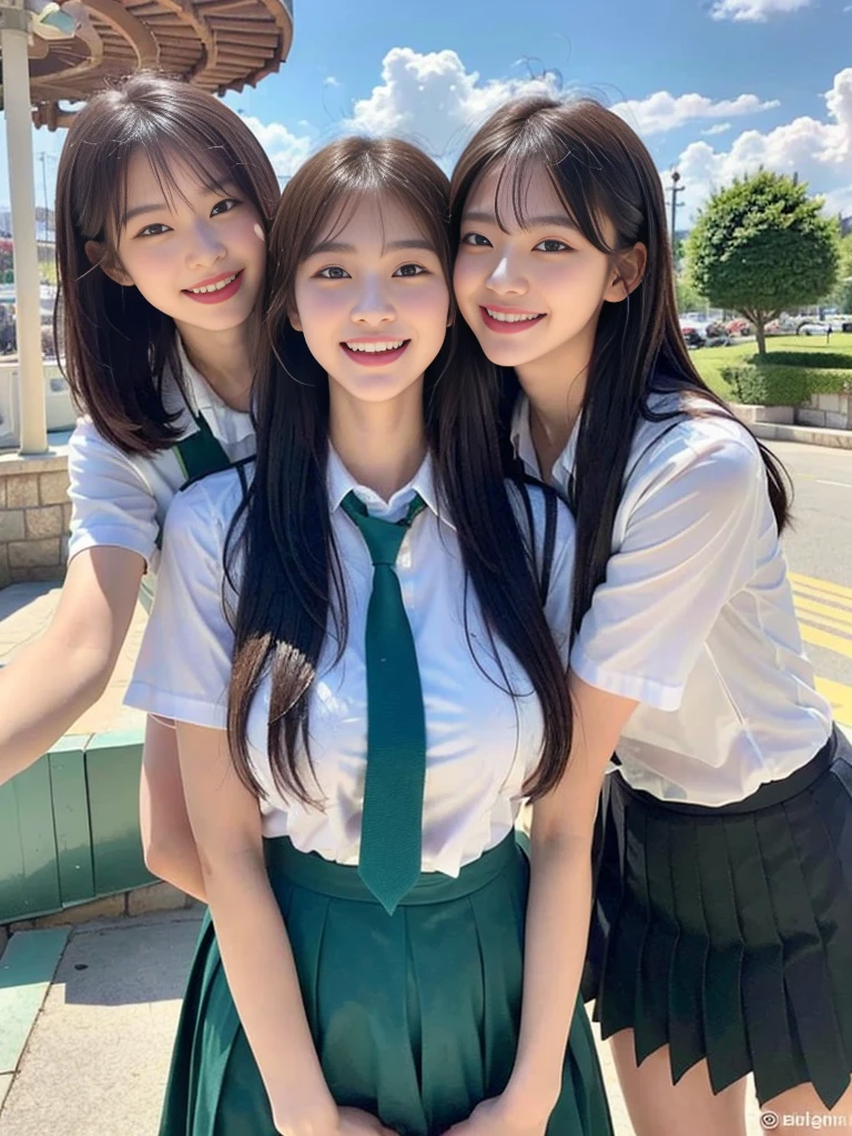 (A super cute Korean schoolgirl takes a commemorative photo with her two beautiful best friends:1.2)(laughing:1.2)(Beautiful Sweat:1.1)(16K, RAW Photos, Highest quality, masterpiece: 1.2),(A cute, shiny, beautiful, dark brown bob cut that sways softly in the wind.:1.1) Super detailed, Super Resolution, (Genuine, Genuine photos: 1.37), Portraiture, High-resolution RAW color photos, Professional photos, Very detailed, 8k wallpaper, Very detailed CG Unity 8k wallpaper, Very detailed beautiful girls, Very detailed faces, ((whole body)), beautiful woman, Huge breasts,(huge boobs:1.1) (Big Boobs:1.1), beautiful schoolgirl (Cute summer school uniforms,School-designated summer short-sleeved green tie and dress shirt uniform),high school girl, Korean Girls,(K-POP Female Idols), (Idol-class beauty)(Beautiful high school girl:1.1)(In front of the triple waterwheel at an amusement park on a sunny day)((************)(Date:1.2)(Group photo:1.2)