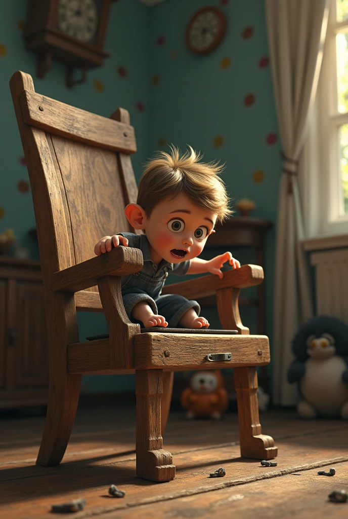 A boy getting bit by a chair