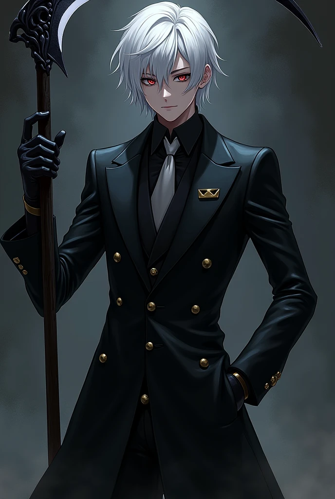 Anime character with white hair black suit holding two scythe like death in puss in boots the last wish short hair 18 year old black shoes black gloves