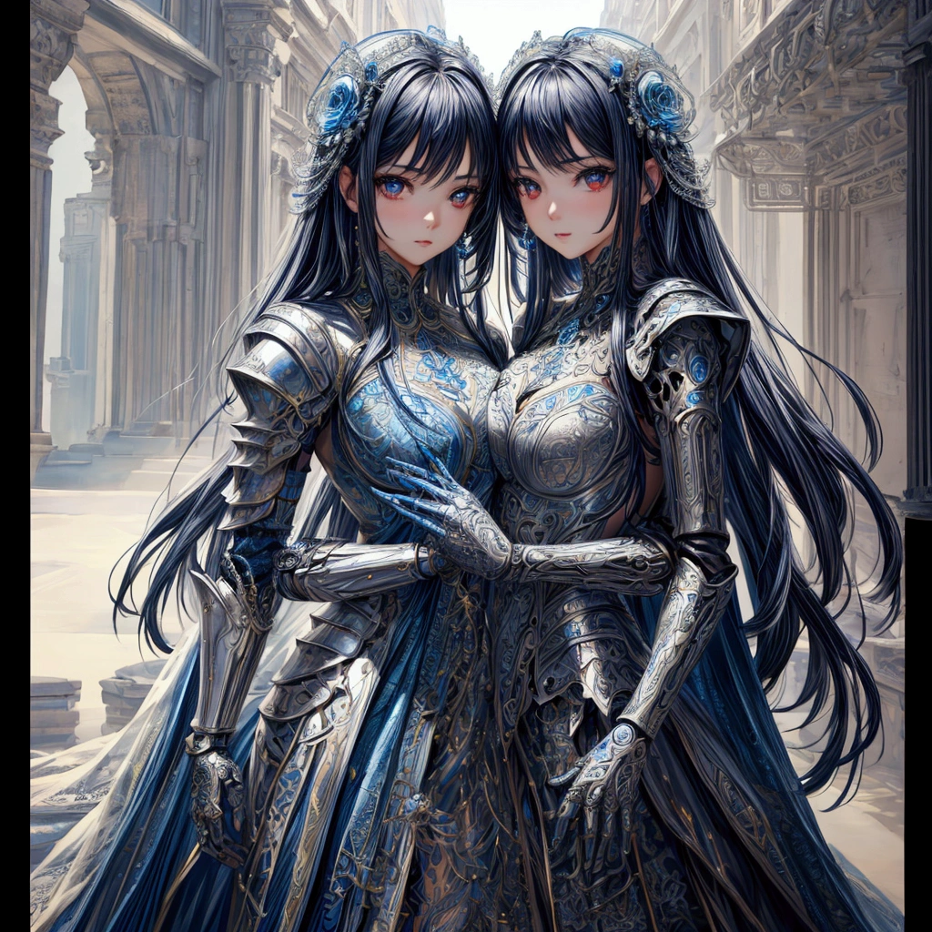 front_view, masterpiece, best quality, photorealistic, raw photo, (1twins women, looking at viewer), long hair, mechanical white armor, intricate armor, delicate blue filigree, intricate filigree, red metalic parts, detailed part, dynamic pose, detailed background, dynamic lighting,