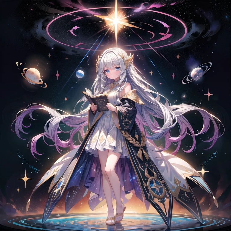 The Witch Who Transcends Time and Space
"Create a dreamy, soft watercolor illustration of a powerful sorceress who embodies the essence of time and space. She has long, flowing hair that shimmers with stars and galaxies, and her eyes are deep pools of cosmic energy. Dressed in an elegant robe adorned with intricate patterns of celestial bodies, she stands confidently in a swirling vortex of time. In her hands, she holds an ancient tome that glows with magical runes. The background features a breathtaking cosmic landscape filled with swirling nebulae and distant planets, evoking a sense of wonder and infinite possibilities."