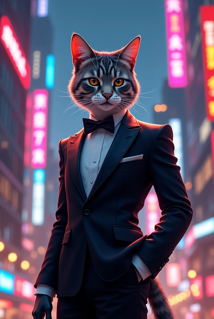 "A handsome cat with a South Korean vibe, dressed in a tuxedo, standing in a modern urban cityscape. The background features a bustling city with tall buildings and bright lights. The cat is shown in full-body, looking stylish and confident."2 heads tall