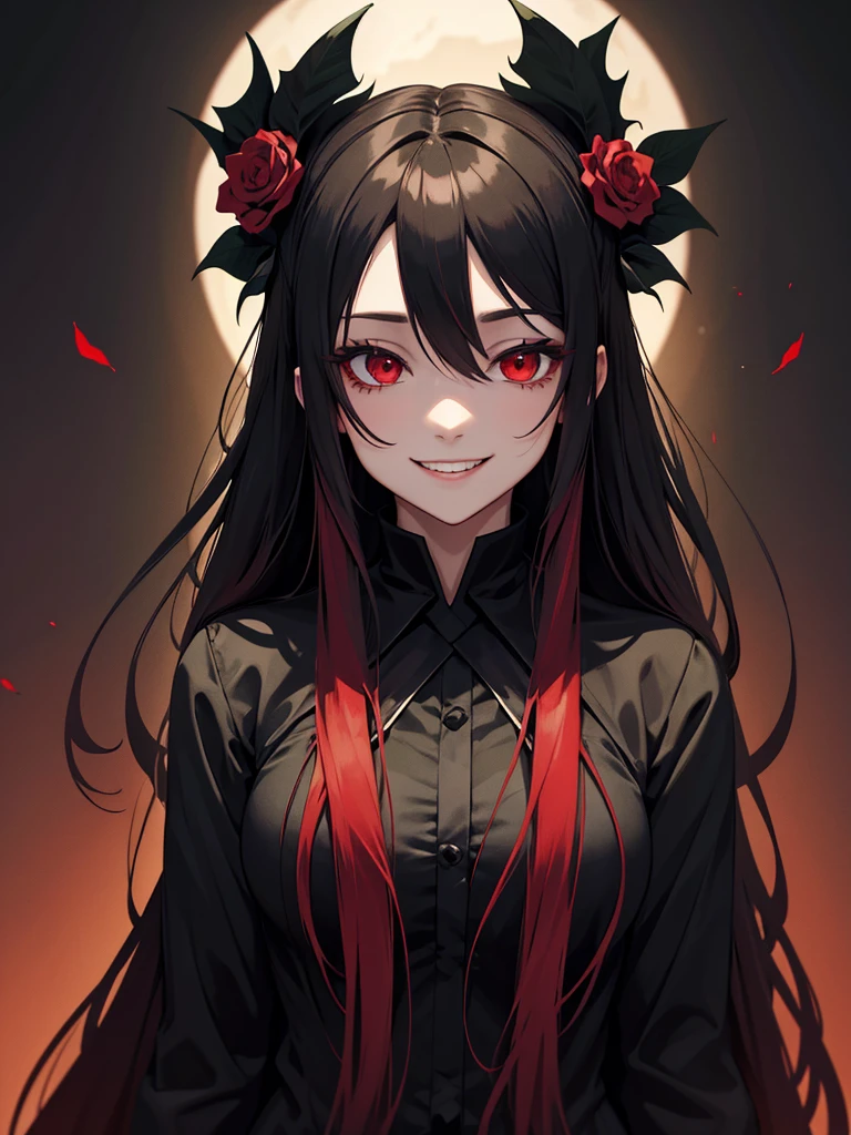 woman, red eyes, ombre black and green long wavy hair, noble, wearing a black unifrom, wearing flower on her head. sadistic smile. she is vampire