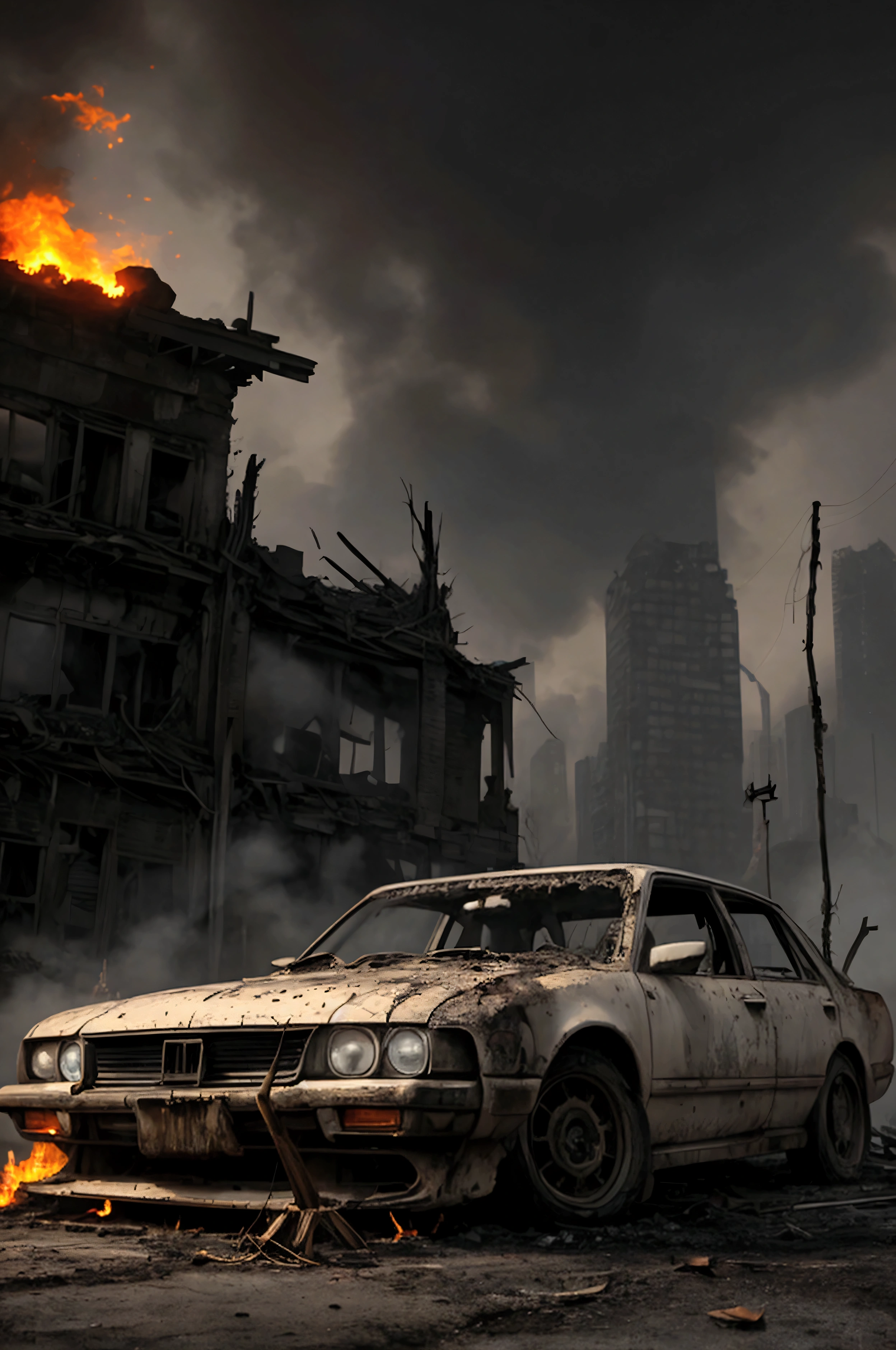 a photo of a rusty tslas (zeekars), 3/4 front view, survival, post-apocalyptic, cyberpunk BREAK outdoors, night, destruction, urban decay, masterpiece, photorealistic, 8k, high detail, dark theme,, BREAK <lora:difConsistency_photo:0.5>, BREAK <lora:difConsistency_detail:0.8>