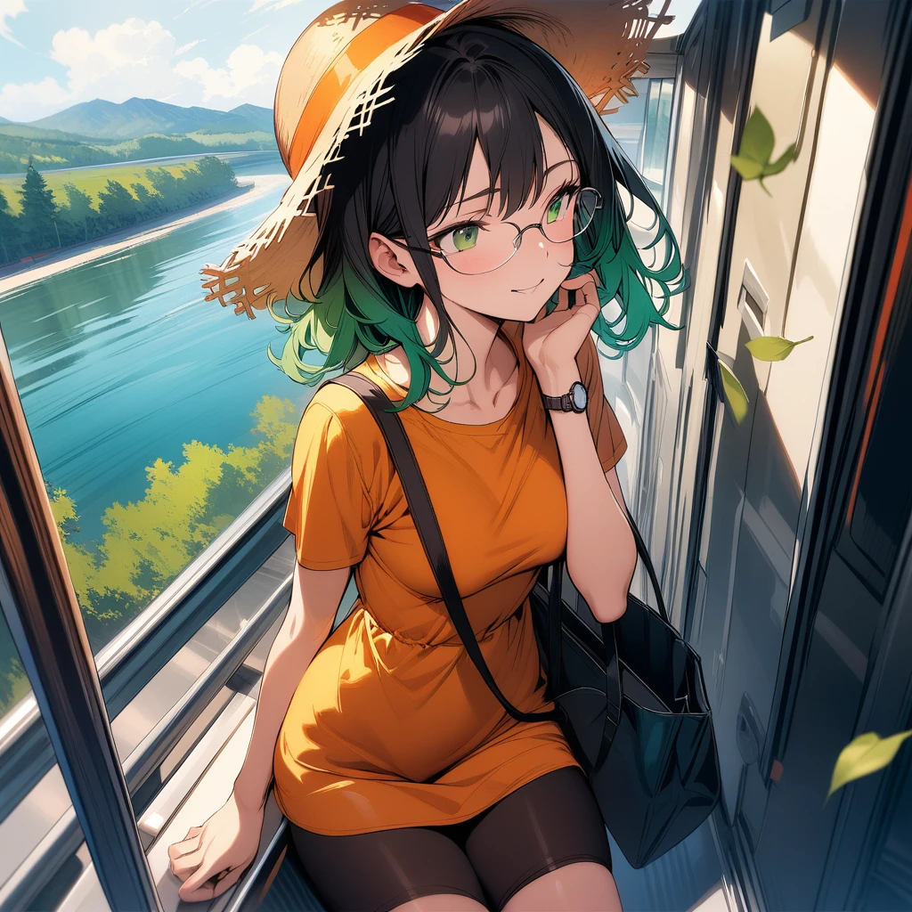 (masterpiece),(best quality),very aesthetic,(ultra-detailed),(super-fine illustration),vibrant colors,high saturation,nsfw,1girl,25yo,slender,tall,medium hair,black hair,natural wave hair,flipped hair,dark green eyes,comfortable,smirk,(glasses,straw hat with leaf color ribbon:1.2),Carry bag with casters,(thigh-high parka dress with gradient earth color,black bike shorts),short sleeves,Sneaker Shoes,short orange socks,wristwatch,on train,sitting on train sheet,looking away,looking outside,summer,countryscape,cowboy shot,Boarding a moving train