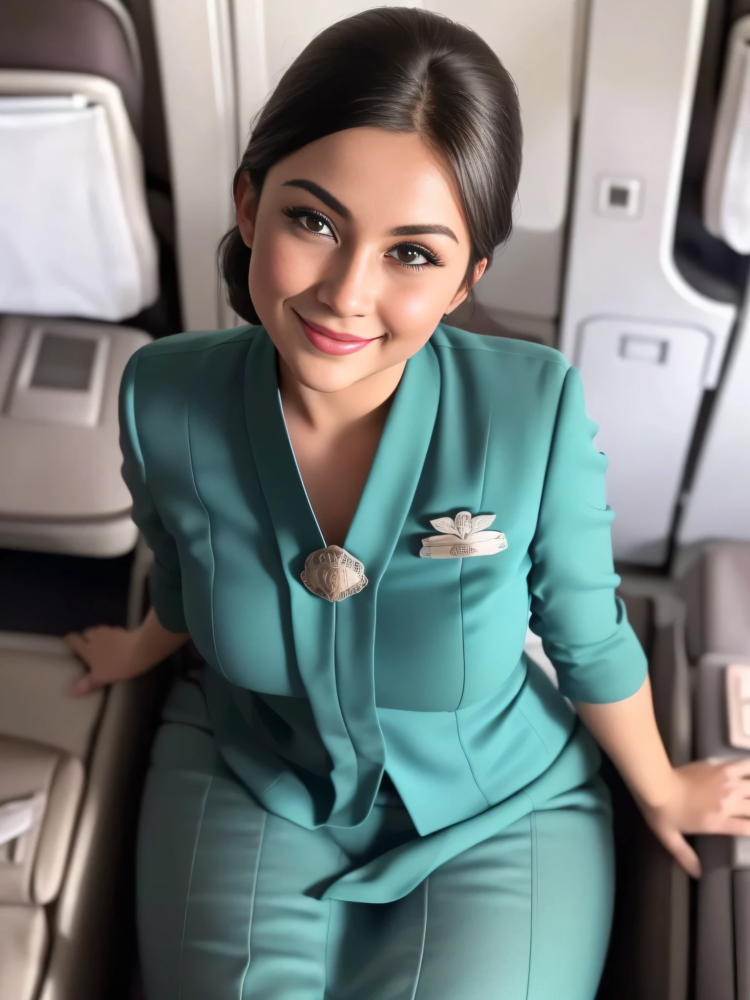 1girl, solo, 19 years old, (uniform), detailed inside commercial airplane, seductive pose, thick medium breasts, fit body, smooth realistic skin, cute little smirk, looking at the audience, high angle shot, (overhead view:1.4), (zoom-out:1.3), (8k, RAW photo, best quality, masterpiece: 1.4), (realistic, realistic: 1.37), ultra-high resolution, cowboy shot