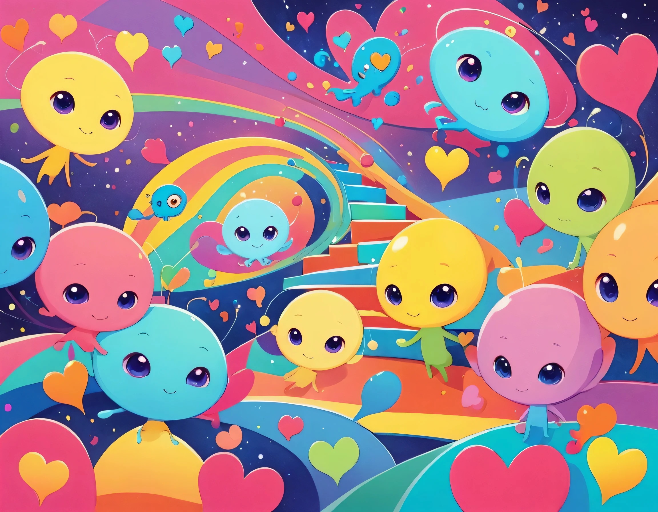 12stairs colorfull style, Simple Line Initialism,Abstract art, girls, (((colorful hearts))), funny design, (((Cute Aliens))), The background is space