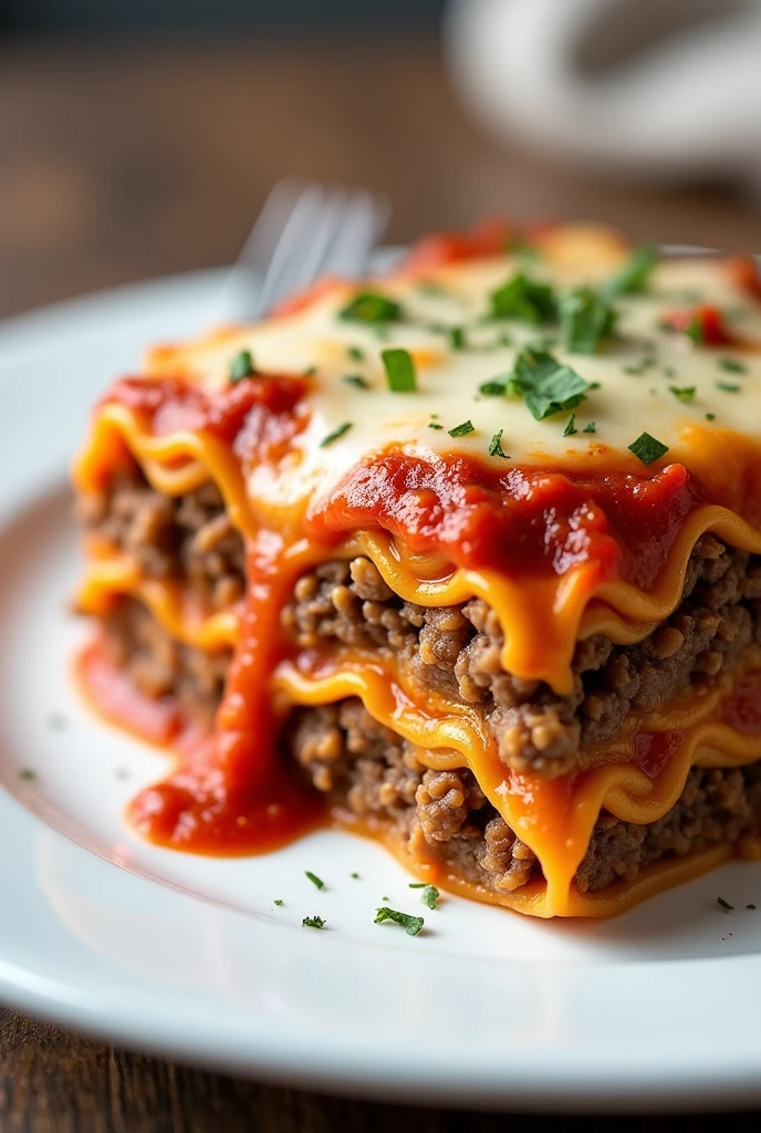 realistic three layer ground beef lasagna on a white plate