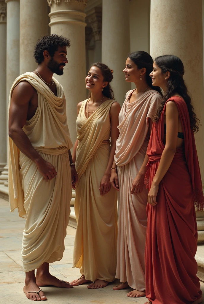 Show this young man talking to three girls,keep the same style as the texture and appearance of the original image,    the atmosphere of the ancient Greek past, captured in an artistic style similar to that of Alma Tadema. A imagem, while a realistic visual representation, avoids showing any reference to modern technology. instead of, the scene is portrayed as if it were a classic painting, without the presence of the Canon EOS 5D Mark IV camera used to