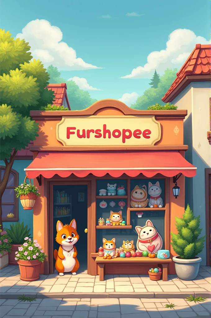Make a cute shop pic of pet product with the name in it " furshopee"