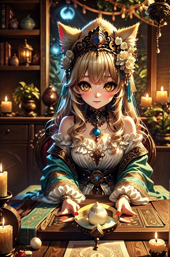Fortune telling、Blonde、Yellow Eyes、Semi-long hair、Anime fantasy artwork、Mysterious Forest