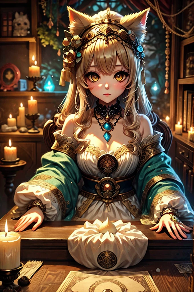 Fortune telling、Blonde、Yellow Eyes、Semi-long hair、Anime fantasy artwork、Mysterious Forest
