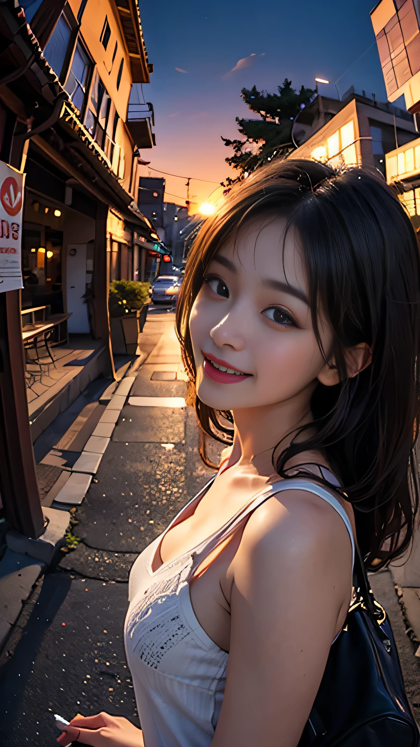 One girl, Korean, Fisheye Lens, Selfie, Wind, Messy Hair, sunset, Cityscape, (Aesthetics and atmosphere:1.2),smile