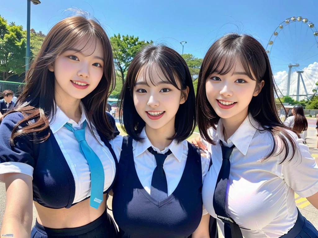 (A super cute Korean schoolgirl takes a commemorative photo with her two beautiful best friends:1.2)(laughing:1.2)(Beautiful Sweat:1.1)(16K, RAW Photos, Highest quality, masterpiece: 1.2),(Her shiny, beautiful black bob hair sways softly in the wind.:1.1) Super detailed, Super Resolution, (Genuine, Genuine photos: 1.37), Portraiture, High-resolution RAW color photos, Professional photos, Very detailed, 8k wallpaper, Very detailed CG Unity 8k wallpaper, Very detailed beautiful girls, Very detailed faces, ((whole body)), beautiful woman, Huge breasts,(huge boobs:1.1) (Big Boobs:1.1), beautiful schoolgirl (Cute school uniforms,School-designated summer short-sleeved shirt＆Blue tie and shirt uniform),high school girl, Korean Girls,(K-POP Female Idols), (Idol-class beauty)(Beautiful high school girl:1.1)(In front of the giant attraction at an amusement park on a sunny day)((16 years old)(Date:1.2)(Group photo:1.2)(NSFW:1.2)See-through