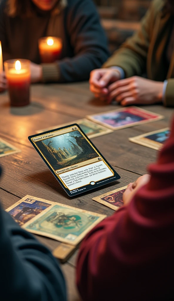 Magic the gathering card game, card game, detailed, pictures and description on cards, some cards on table, 2 players play the card game