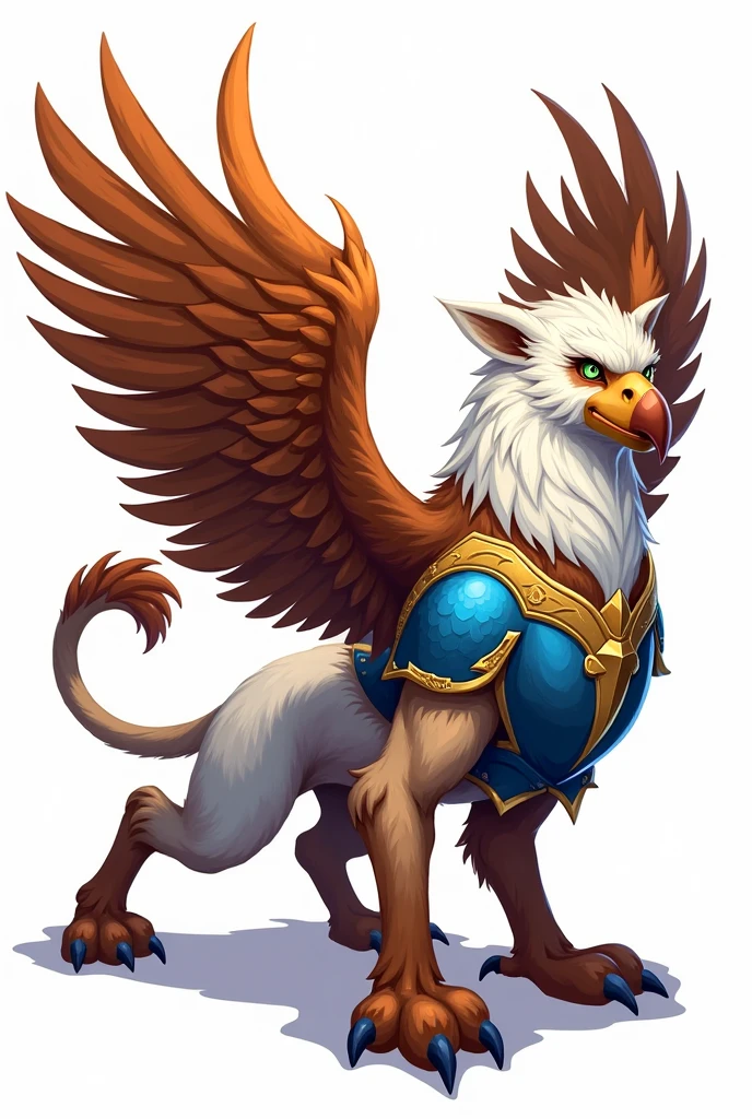 lion head, eagle legs, asas abertas, forte, cor  branco, Lion's tail, espada nas costas, belt in hand.