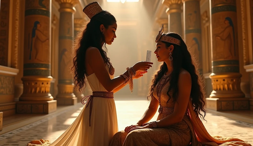 A beautiful woman carefully combing the hair of Pharaoh's daughter, set against the opulent backdrop of Pharaoh's palace. The scene should capture the grandeur and intricate details of the royal setting with dramatic and cinematic lighting. Ensure the image is rendered in hyper detail, 8k resolution, ultra sharp, and UHD quality to emphasize the richness and historical authenticity of the setting.
