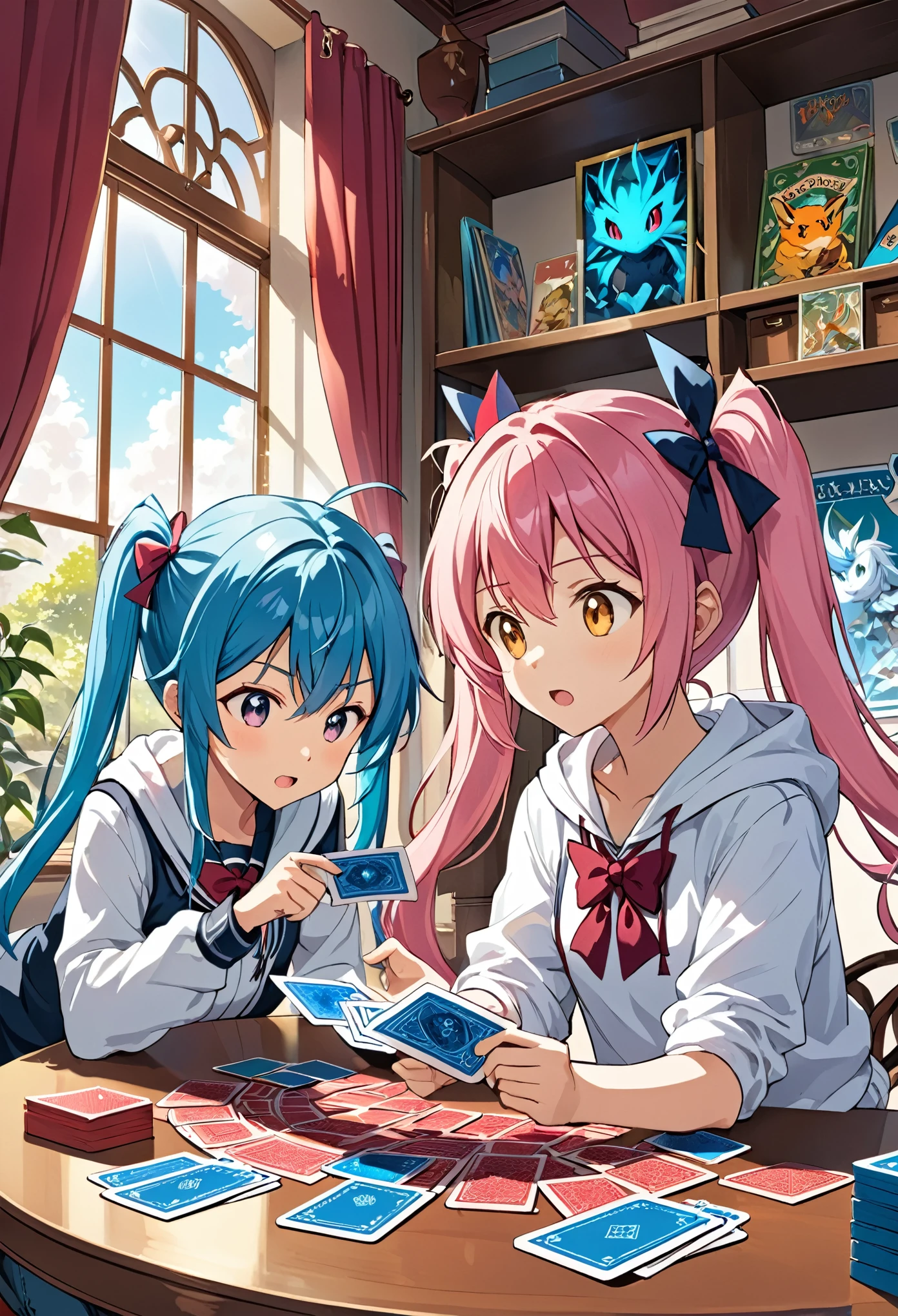 "A vibrant, anime-style scene of two 2D characters deeply engaged in a card game at a small, round table in a cozy room. The first character is a young girl with long, flowing pastel pink hair, tied in twin tails, wearing a school uniform with a cute bow. She has a playful, determined expression as she holds a fan of cards in one hand and points at the table with the other. The second character is a boy with spiky blue hair, dressed in a casual hoodie and jeans, looking surprised as he examines his own cards, sweat forming on his forehead. The table is scattered with colorful cards featuring detailed illustrations of fantasy creatures and spells, some of them glowing softly. In the background, a large window shows a bright, sunny day outside, with curtains swaying slightly. The scene is filled with dynamic energy, capturing the excitement and friendly rivalry between the two characters."