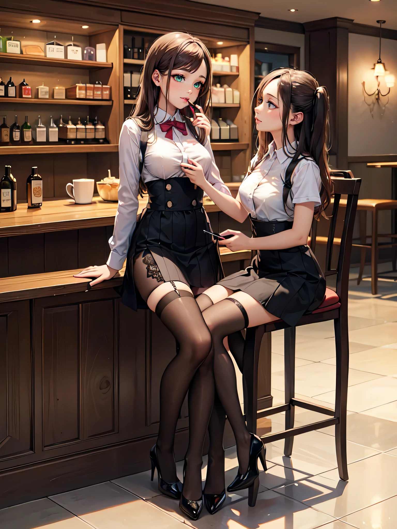 (masterpiece:1.3),(best quality, highest quality),((Full Body Shot,Including face)),()1girl,4K,masterpiece,((Focus on the face)),((Symmetrical facial features)),Beautiful woman,(Slender),((High heels,Patterned stockings with straps)),Detailed depiction of the face, Cafe clerk ,bar counter,profile,Long skirt,Slenderな女性,Green Cafe uniform,Age 25,(((Putting on makeup))),Germany