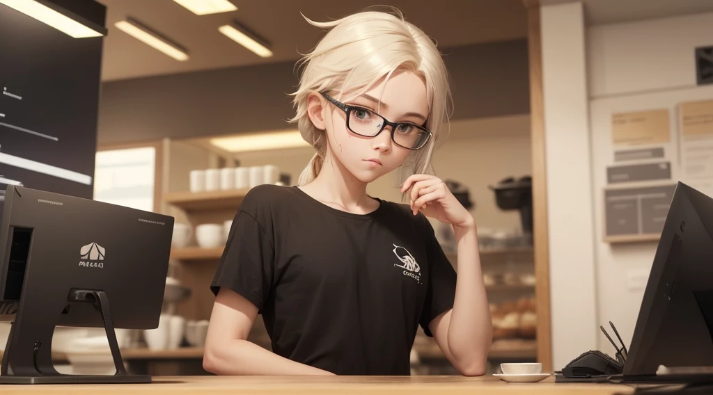 A 2D cartoon character design with a full body consisting of just a head and a body, representing a very fatty white ox working at a coffee shop. The character raise your right hand, maintaining a fun and cute aesthetic. The design is simple and minimalist, dressed in a coffee shop epron, focusing on an adorable and charming appearance.