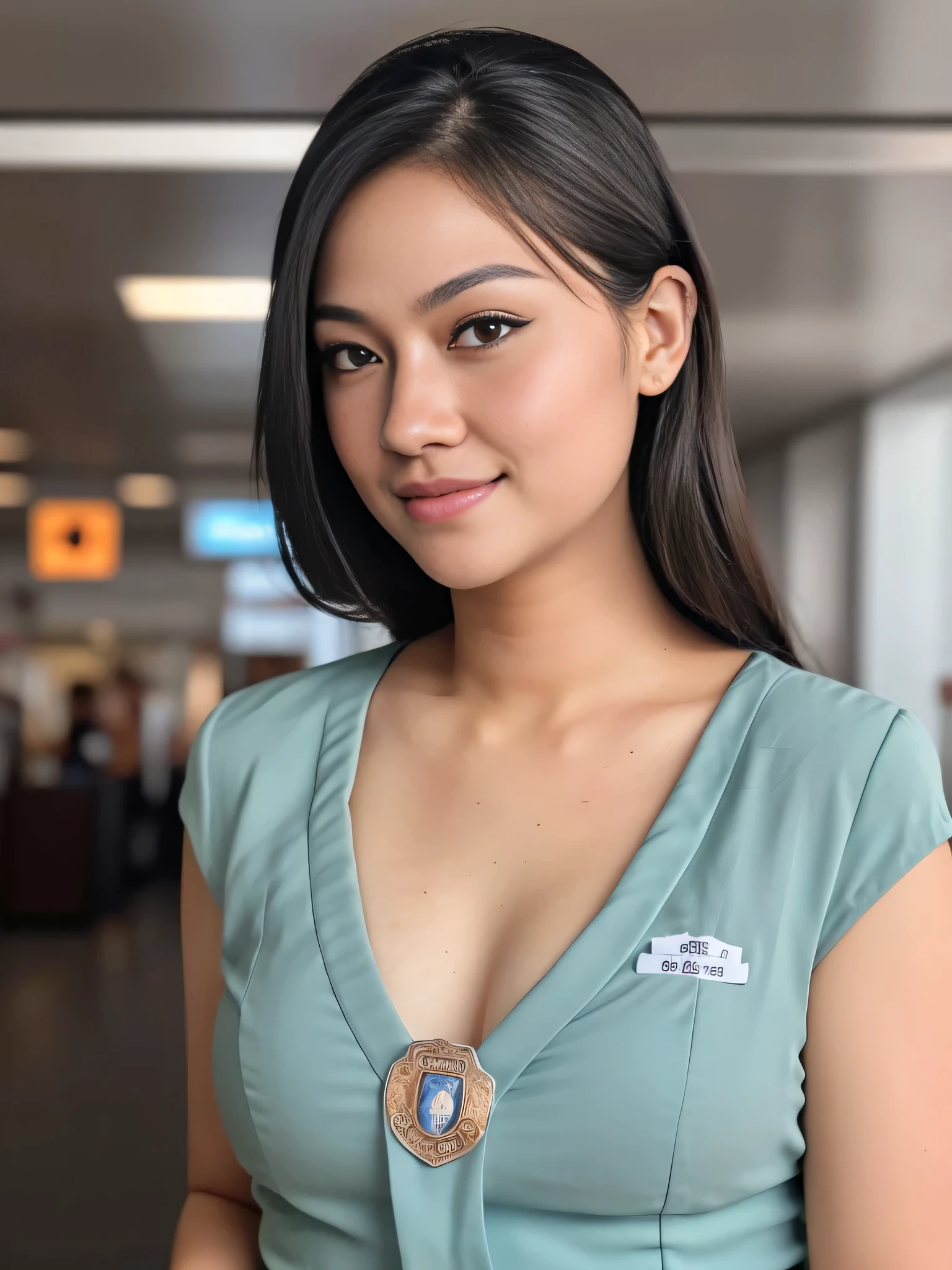 1girl, solo, 19 years old, (uniform), standing, in the middle of a large airport, seductive pose, thick medium breasts, fit body, smooth realistic skin, cute little smirk, looking at the audience, high angle shot, (overhead shot:1.2), (zoom-out:1.4), (8k, RAW photo, best quality, masterpiece: 1.4), (realistic, realistic: 1.37), ultra-high resolution, cowboy shot