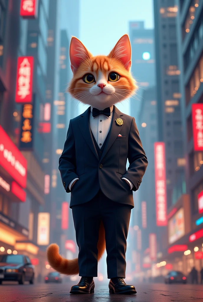 A handsome cat with a South Korean vibe, dressed in a tuxedo, standing in a modern urban cityscape. The background features a bustling city with tall buildings and bright lights. The cat is shown in full-body, looking stylish and confident.The whole body size is 2 heads