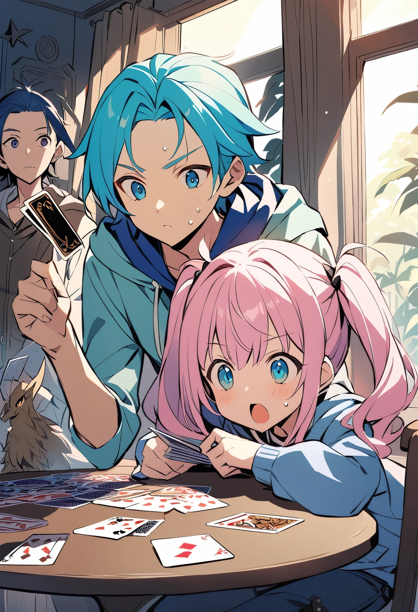 "A vibrant, anime-style scene of two 2D characters deeply engaged in a card game at a small, round table in a cozy room. The first character is a young girl with long, flowing pastel pink hair, tied in twin tails, wearing a school uniform with a cute bow. She has a playful, determined expression as she holds a fan of cards in one hand and points at the table with the other. The second character is a boy with spiky blue hair, dressed in a casual hoodie and jeans, looking surprised as he examines his own cards, sweat forming on his forehead. The table is scattered with colorful cards featuring detailed illustrations of fantasy creatures and spells, some of them glowing softly. In the background, a large window shows a bright, sunny day outside, with curtains swaying slightly. The scene is filled with dynamic energy, capturing the excitement and friendly rivalry between the two characters."