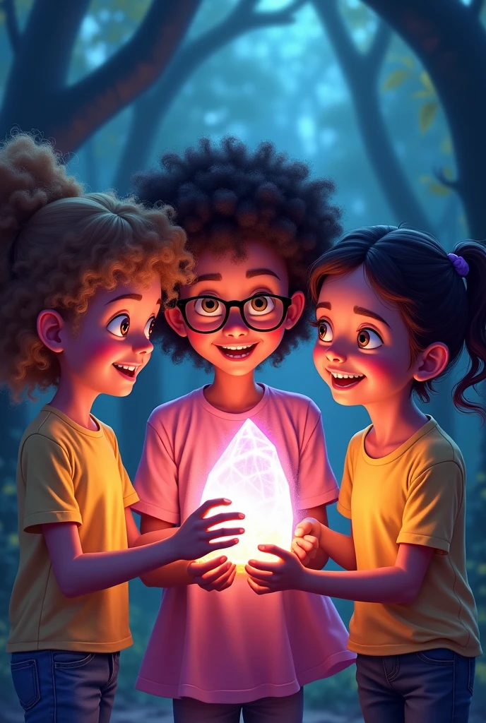 In the foreground, three kids—Lucy, Ben, and Maya—are standing together. Lucy, with curly hair, is holding a glowing crystal. Ben, wearing glasses, looks amazed, and Maya, full of energy, is smiling with excitement.