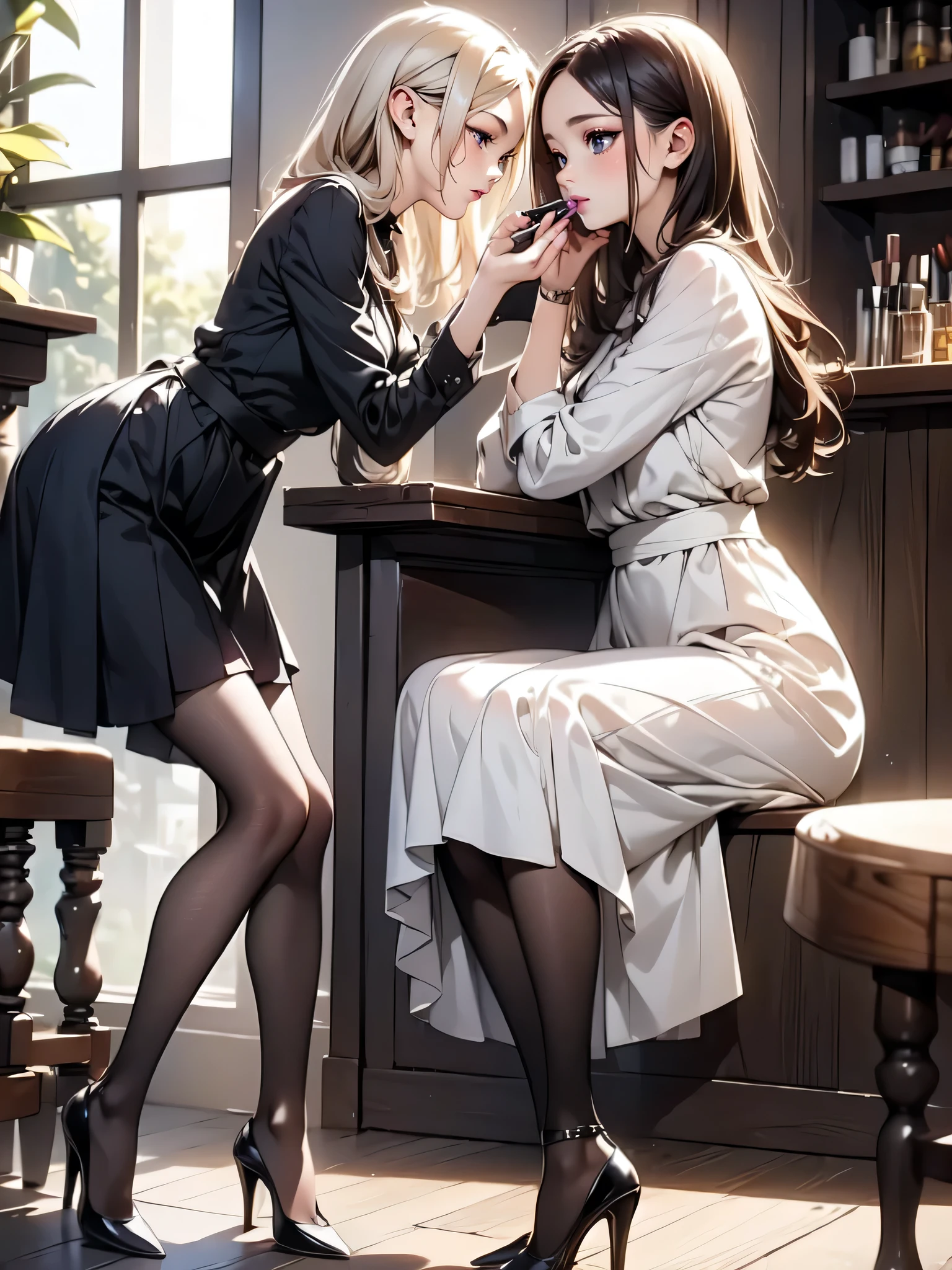 (masterpiece:1.3),(best quality, highest quality),((Full Body Shot,Including face)),()1girl,4K,masterpiece,((Focus on the face)),((Symmetrical facial features)),Beautiful woman,(Slender),((High heels,Patterned stockings with straps)),Detailed depiction of the face, Cafe clerk ,bar counter,profile,Long skirt,Slenderな女性,Green Cafe uniform,Age 25,(((Putting on makeup)))