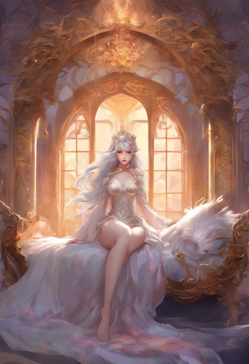 beauty,pride,Japanese Demon Girl,charming eyes,blush,Magic Horn,Long hair flowing past the waist(silver),White sexy lingerie,Big breasts,long legs,white stockings,Half lying on a noble and beautiful bed,Outlook,