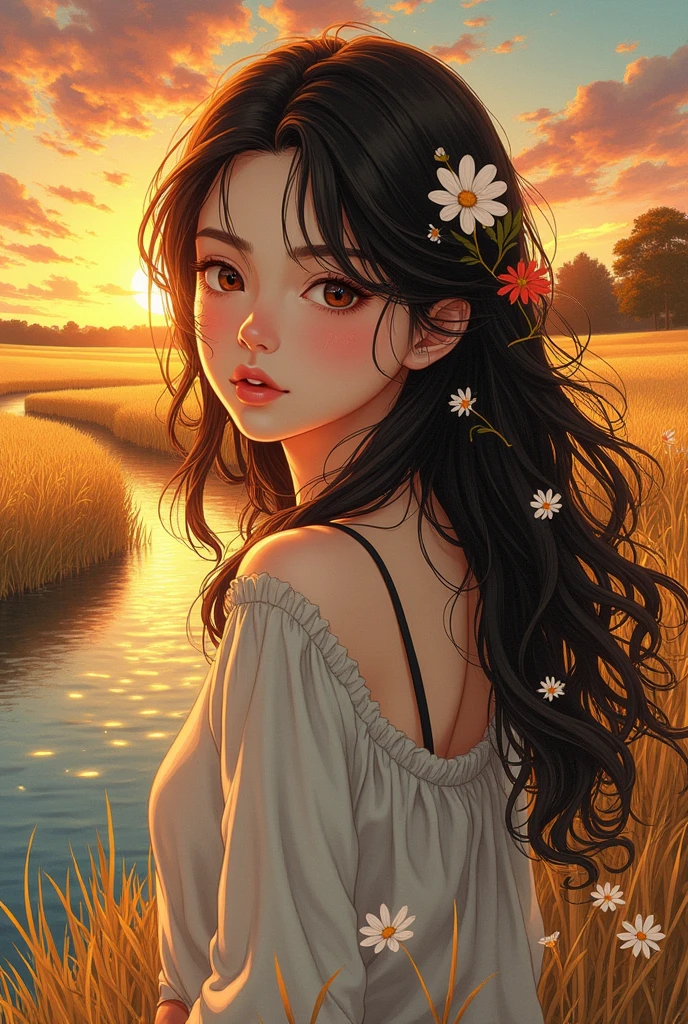 Yoshihiro Togashi style, brunette, female, flowers, looking at viewer, autumn, river, wheat, sunset