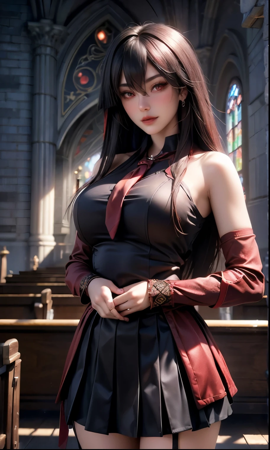 Potrait of an woman, potrait of a very beautiful woman, (((cowboy shot))), photography with Fujifilm XT3, depth of field, film grain, female focus, Akame/(Akame ga Kill/), anime style, (((standing up)))!!!, (standing up on the center of church), church windows, looks at the camera with beautiful red eyes, Ultra detailed eyes, (Beautiful red eye's like ruby :1.40)!!, Stars in her fixed eyes, (homochromatic eyes)!!!, seductive smile, beautiful smile, gorgeous smile, (Blush)!! Perfect nose, Cute little nose, Earrings, beatiful face, Face Clean, Skin, hyper realistic, Incredibly detailed face, hyper detailed face, A face with a lot of detail, Perfect eye shadow, wink, Hyper-Detailed Eyes, Hyper-detailing of eyebrows, Hyper-detailed eyelashes, black hair between eyes, black hair bangs, (ultra shine black hair)!!, (straight  hair with braided ring)!!, ((dynamic composition)), ((Bare Shoulders))!!, detached sleeves, (((wear black school uniform with red miniskirt)))!!!, red miniskirt with red belt, ((red tie)), ((red belt))!, detailed realistic clothes, neck garter, seductive armpit, plump breasts, (plump breast covered with detailed thin black lace)!!, ultra seductive temptation, open skirt, slim legs, petticoat, fishnet legs, stockigs, smooth thighs cleavage, garter thighs, leather shoe, /(((long sword on the waist/)))!!, erotic, Best Quality, Masterpiece, Ultra-detailed, Beautiful, hight resolution, Original, CG 8K, perfect photo, dramatic  lighting, (Realistic) Realistic, Full HD, Best Quality, Best Quality, Beautiful lighting, (8k wallpaper of extremely detailed CG unit), High Details, sharp-focus, The art of dramatic and photorealistic painting,  ((Inside of church)), dynamic composition