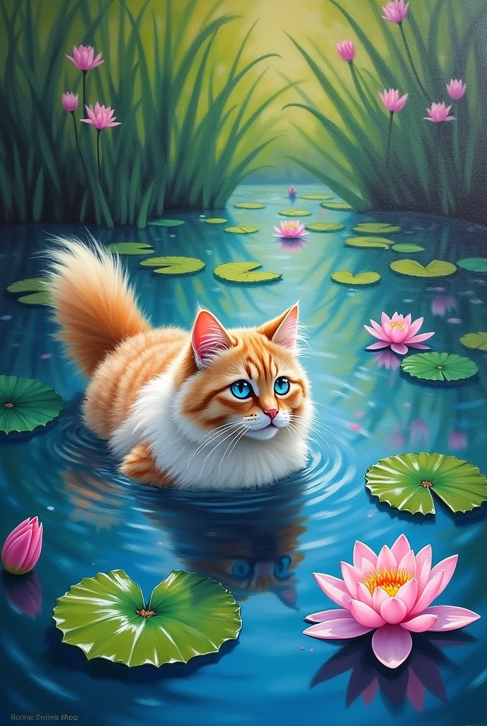 add a Persian cat swimming with water lily painting by claude monet, blue pupils, in the style of impressionist-landscapes, painterly style, oil paintings, big paint strokes