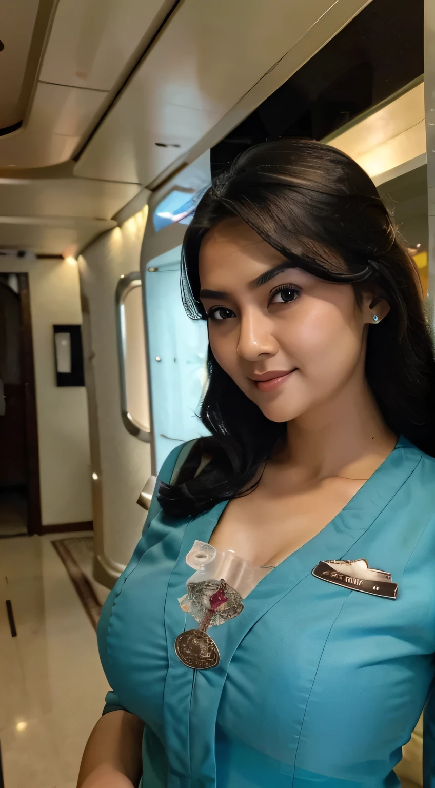 Indoor airlanes,black hair, indonesian,gigantic breasts,huge breasts,wearing garudaindonesia uniform,white skin,large breastasterpiece),