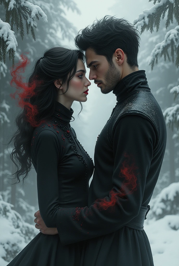 Young woman with long wavy black hair full red lips dark grey eyes wearing black high neck dress with red smoke around is in a snowy pine forest in the background a young man in a black suit short disheveled black hair grey eyes beardless marked jaw with black smoke around him 