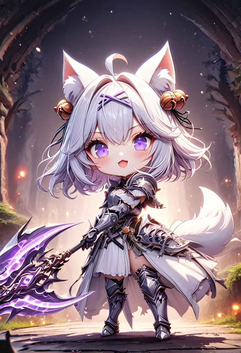 master piece, best quality, ultra-detailed, illustration, 1girl, solo, chibi, (big head), cute pose, front view, looking at viewer, ((full body Close up)), filian, filianoverall, Filiansailor, ((white hair)) , short hair, shoulder length hair, fly-away hair, bangs, hairclip, purple hair ornament, cat ears, (hair bell:1.3) ahoge, purple eyes, open mouth, smiling, (white fox tail), (knight outfit), knight's armor, metal breastplate, armored gloves, wielding scythe , GLOWING WEAPON , metal greaves, armored boots, spooky forest background, gloomy atmosphere, broken trees