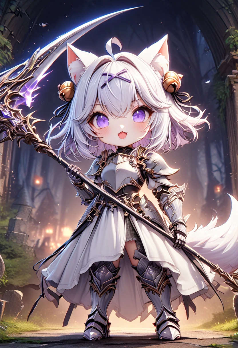 master piece, best quality, ultra-detailed, illustration, 1girl, solo, chibi, (big head), cute pose, front view, looking at viewer, ((full body Close up)), filian, filianoverall, Filiansailor, ((white hair)) , short hair, shoulder length hair, fly-away hair, bangs, hairclip, purple hair ornament, cat ears, (hair bell:1.3) ahoge, purple eyes, open mouth, smiling, (white fox tail), (knight outfit), knight's armor, metal breastplate, armored gloves, wielding scythe , GLOWING WEAPON , metal greaves, armored boots, spooky forest background, gloomy atmosphere, broken trees