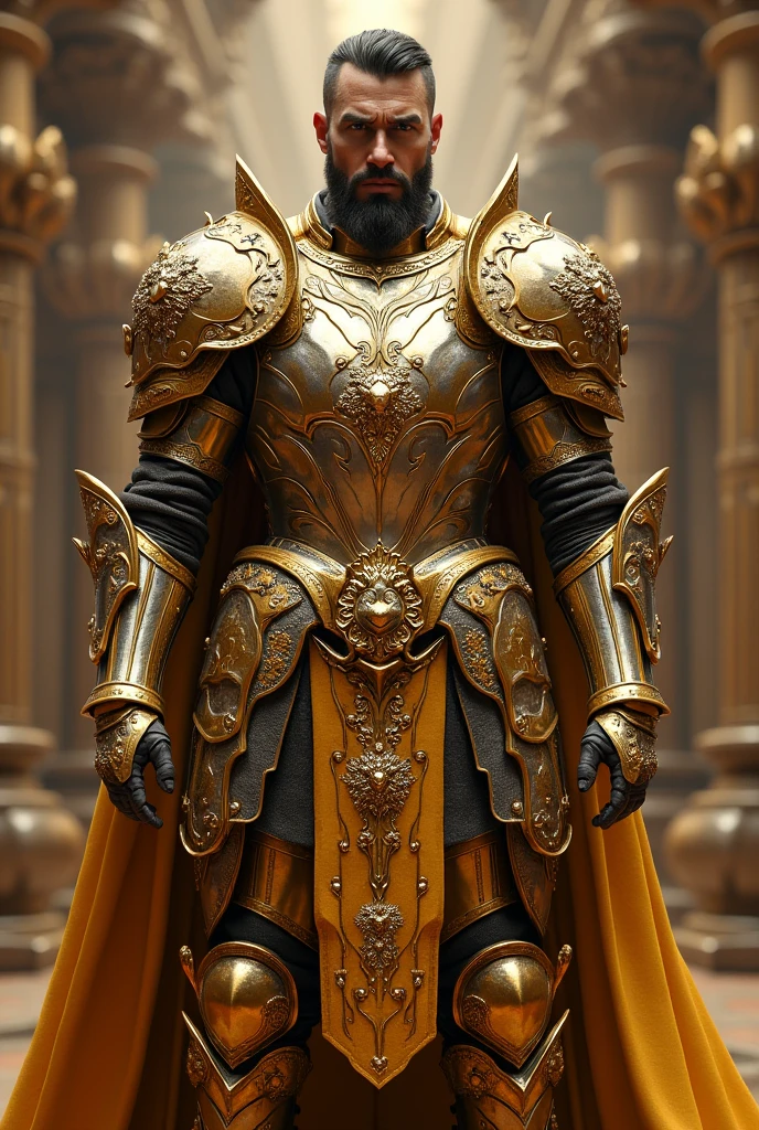 A man in a cool armor full armor of gold and platinum